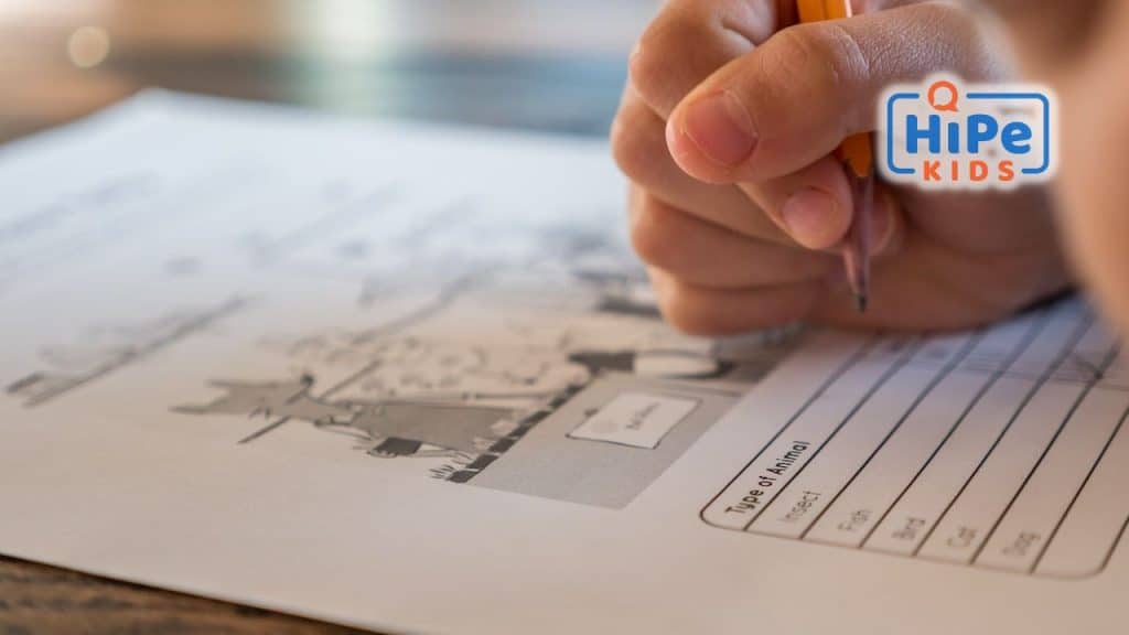 Main d'un enfant tenant un crayon à papier sur une feuille et passant un examen de Cambridge.