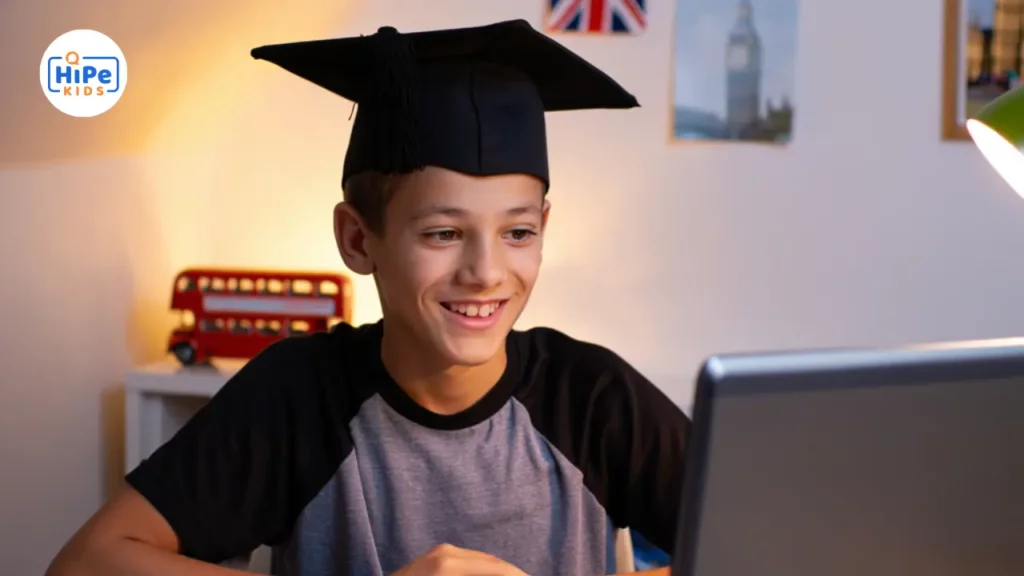 Enfant préparant fièrement son certificat Cambridge Young Learners avec son professeur en ligne