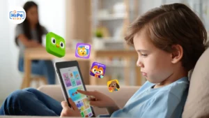 Enfant utilisant application Duolingo sur tablette pour apprendre l'anglais